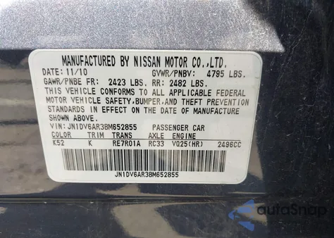 2011 Infiniti G25X z USA, uszkodzony, nr VIN JN1DV6AR3BM652855